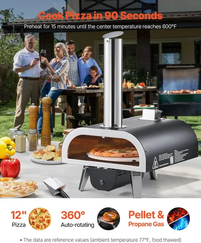 Miniatura 2 de VEVOR Horno de pizza de combustible dual para exteriores, horno de pizza de propano y pellets de madera con rotación automática de 12 pulgadas
