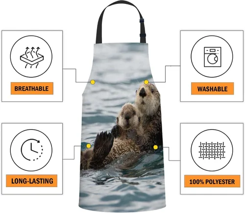 Miniatura 4 de oFloral Delantal de Babero con Animales Nutrias Marinas Jugando en el Agua Nadando con Cuello Ajustable para Hombres y Mujeres, Adecuado para Cocina