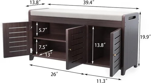 Miniatura 2 de Banco de almacenamiento de zapatos de bambú con tres puertas y cojín de asiento acolchado para entrada, zapatero (marrón)