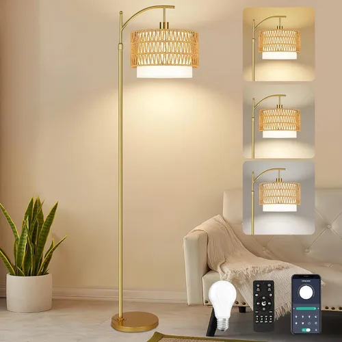 Miniatura 12 de ZECOXOL Lámparas de pie de arco para sala de estar, dormitorio, lámpara de pie bohemia de ratán con control remoto, lámpara de pie LED regulable