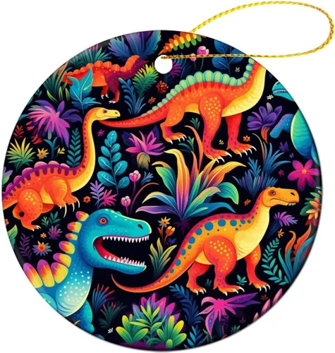 Miniatura 9 de Adorno colorido con patrón de dinosaurio de 3 pulgadas, adorno de Navidad de cerámica de 3 pulgadas, bonito adorno de Navidad de dibujos animados