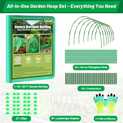 Miniatura 2 de Cludoo Garden Mesh Netting Kit,7 Sets Wide Garden Hoops with 10x30 ft Garden Covers Bird Netting& 12 Clips, Garden Protection for Raised Beds
