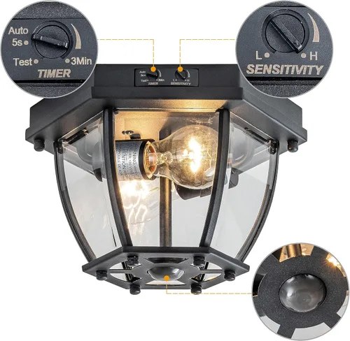 Miniatura 5 de Lámpara de techo empotrada con sensor de movimiento, 2 luces de porche al aire libre, montaje en techo, impermeable, negro mate, lámpara de techo