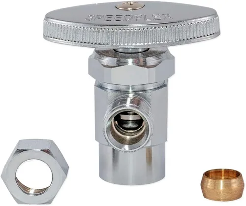 Miniatura 2 de Eastman Válvula de tope de ángulo de entrada de latón de 3/8 de pulgada de diámetro exterior x 1/2 pulgada Nom. Sudor Multi-Giros de latón con mango