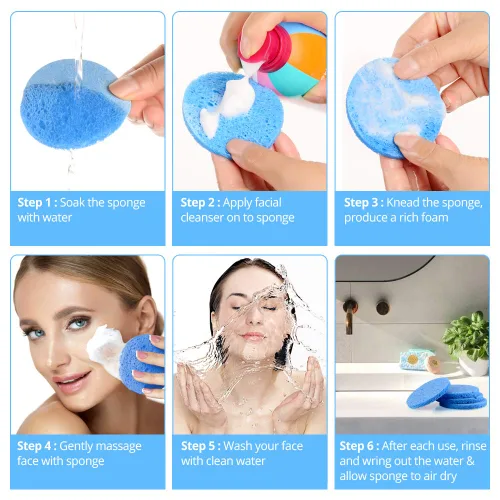Miniatura 6 de Esponjas de limpieza facial naturales, 20 esponjas faciales comprimidas, celulosa, reutilizables, suaves, cosméticos, para eliminar maquillaje Azul