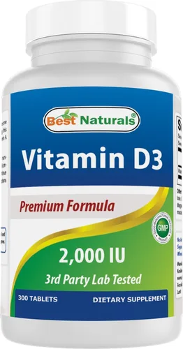 Best Naturals Vitamina D3 2000 UI – 300 tabletas – Fabricado en Estados Unidos, sin OMG, sin gluten, sin color, sabor ni conservantes artificiales –