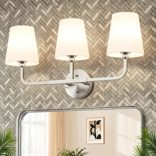 Miniatura 10 de MOKATNG Lámparas de baño, 3 luces doradas cepilladas, accesorios de iluminación de baño sobre espejo con pantalla de tela blanca acampanada