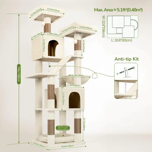 Miniatura 7 de Globlazer Árbol de gato resistente de 74 pulgadas para gatos grandes de interior, torre para gatos de varios niveles con 5 postes rascadores