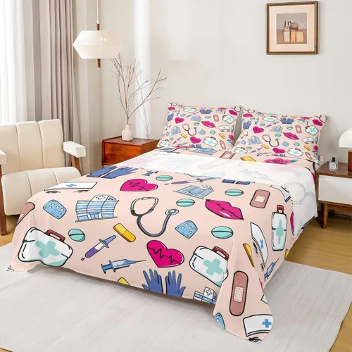 Miniatura 13 de Erosebridal Nurse Sheet Set Stethoscope Twin Sheets Set for Teen Boys,Colorful Medical Healthcare Heartbeat Syringe Fitted Sheet
