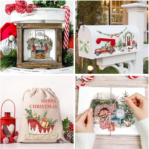 Miniatura 5 de Whaline 12 hojas de calcomanías de transferencia con diseño navideño clásico de acuarela, incluye muñeco de nieve, gnomo, Santa Claus, flores