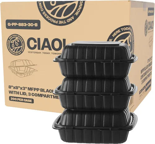 Miniatura 24 de CIAO! Contenedor blanco con bisagras MFPP de 9"x9"x3" con tapa 1 compartimento (caja de 150)