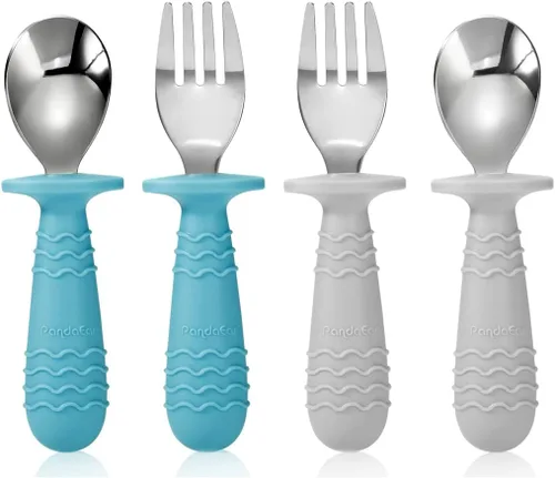 PandaEar Juego de 4 utensilios de silicona de acero inoxidable para bebés y niños pequeños, cubiertos y tenedores para bebés sin BPA con sujeción de