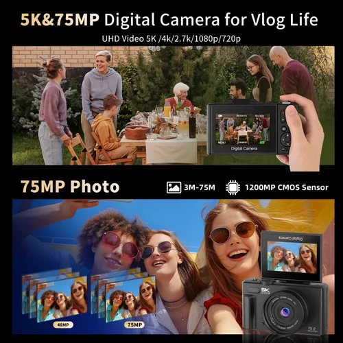 Miniatura 3 de Ourlife Cámaras para fotografía, 5K 75MP Autofocus Vlogging Cámara para YouTube con zoom de 18X, 3" 180° Flip Screen Selfie Digital Cámara compacta