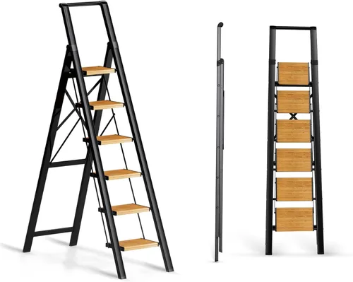 Miniatura 11 de SOLADDER Escalera de 6 escalones, taburete plegable con mango y pedal ancho antideslizante, escalera de escalera portátil de aluminio ligero