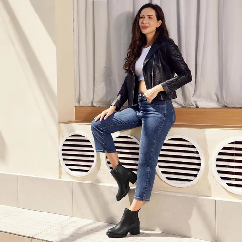 Miniatura 4 de JABASIC Botines Chelsea para mujer, tacón bajo y grueso, con plataforma elástica, sin cordones