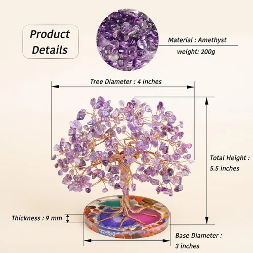 Miniatura 2 de ZenBless Árbol de 7 piedras curativas de chakra, hojas de amatista envueltas en alambre sobre base de rebanadas de ágata natural, decoración de Feng