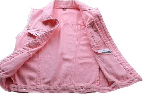 Miniatura 3 de JiangWu Chaleco de mezclilla para mujer, sin mangas, con botones, rasgado, casual