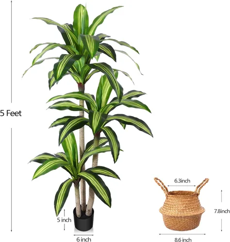 Miniatura 6 de Ferrgoal Plantas artificiales, árbol de Dracaena de 4 pies, plantas de imitación para interiores y exteriores, árbol falso con cesta tejida