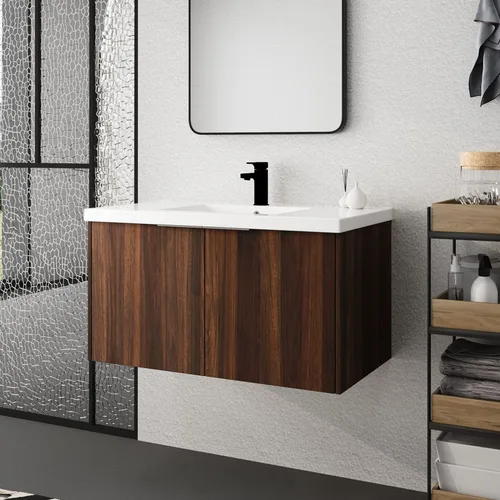 Miniatura 12 de Juego de tocador de baño de 30 pulgadas con lavabo montado en la pared, diseño moderno, gabinete de montaje flotante, tocador de baño con fregadero