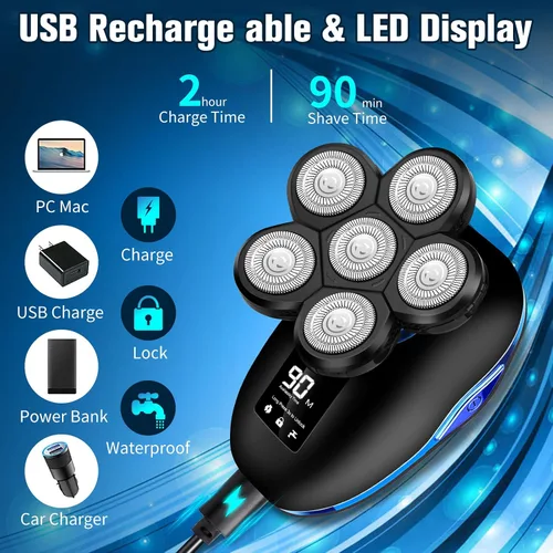 Miniatura 4 de Afeitadora de cabeza para hombres, afeitadora eléctrica 6 en 1 mejorada para hombre, afeitadora de cabeza calva, afeitadora inalámbrica
