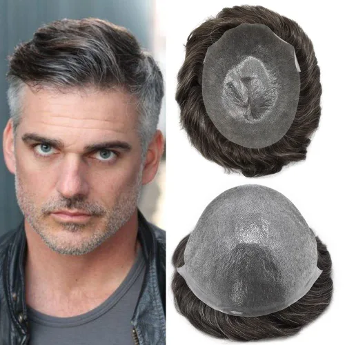 Miniatura 33 de Toupee para hombres pieza de pelo 0.002 in piel ultra fina para hombre Toupee cabello humano gris sistema de reemplazo para hombres sistema