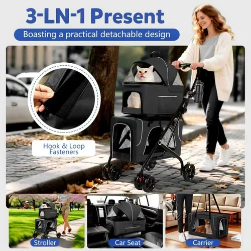 Miniatura 4 de Cochecito doble para perros con portavasos, cochecitos plegables 3 en 1 para gatos con 2 transportadores desmontables, cinturón de seguridad, funda