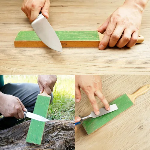 Miniatura 5 de SHARPAL 205H Asentador de Cuero de Doble Cara (Cuero Genuino de Vaca) 13.2" x 2.4" Kit con Compuesto de Pulido de 2 Oz. y Guía de Ángulo, Bloque