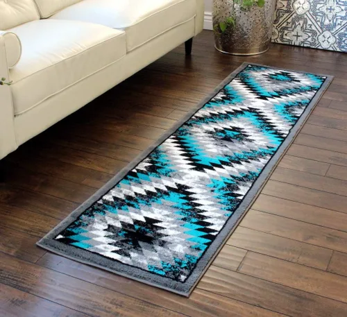 Miniatura 16 de Masada Rugs, Stephanie Collection - Alfombra de área del suroeste de nativos americanos, diseño envejecido 1106 turquesa, gris, blanco y negro