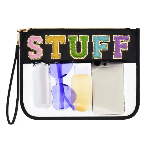 Miniatura 9 de Bolsa transparente con letras de chenilla, bolsa transparente con cremallera para viajes, bolsa de cosméticos transparente de PVC, bolsa portátil