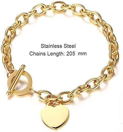 Miniatura 2 de Elegent - Pulsera de acero inoxidable con dije de corazón con cierre de palanca, chapado en oro y plata, cierre de OT, pulsera de cadena
