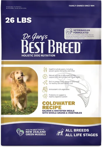Dr. Gary's Best Breed Coldwater Recipe - Comida seca para perros con salmón y pescado blanco, formulada por veterinarios, hipoalergénica para piel y