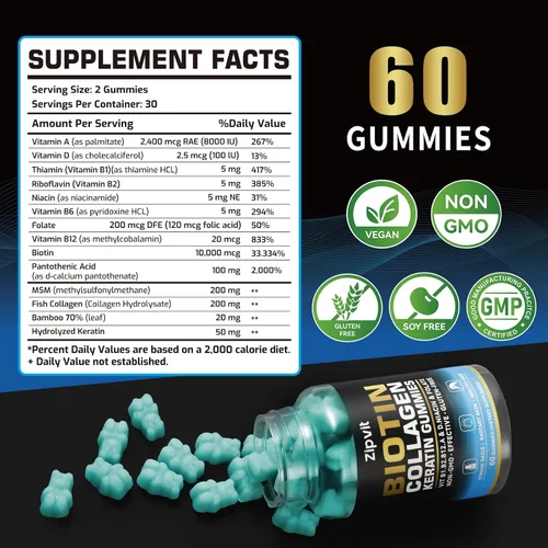 Miniatura 2 de zipvit Gomitas de colágeno de biotina, vitaminas para la piel y las uñas para mujeres y hombres, vitaminas para el crecimiento del cabello: B1, B2