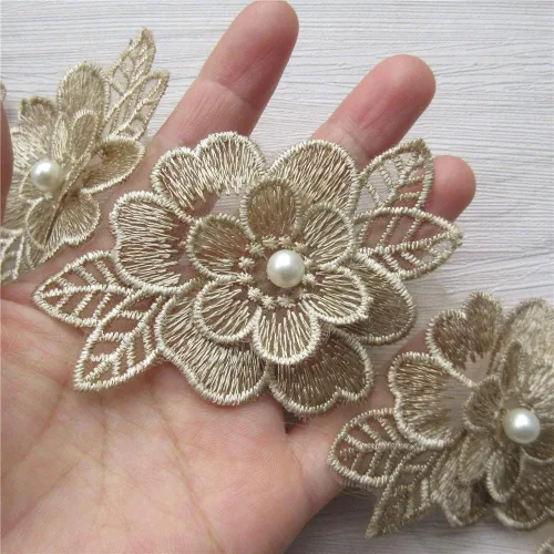 Miniatura 13 de 2 yardas de encaje de flores 3D con perlas bordadas, de poliéster, cinta de encaje con aplicación de patchwork para vestido de novia, manualidades