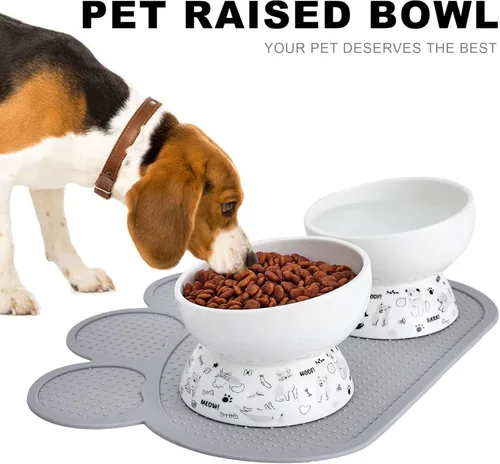 Miniatura 6 de Juego de cuencos elevados de cerámica para gatos Cuencos elevados para alimentos y agua para gatos y perros pequeños Paquete de 2 cuencos Gris