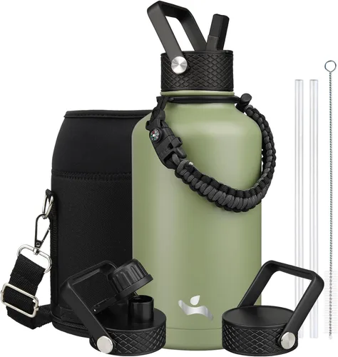 Miniatura 109 de Konokyo - Botella de agua aislada de 18 onzas, botellas deportivas de acero inoxidable con 3 tapas, verde militar