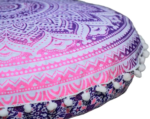 Funda de almohada redonda con diseño de mandala, para asiento, otomano, con pompones, hippie, decorativo, bohemio, indio, de 22 pulgadas (rosa y