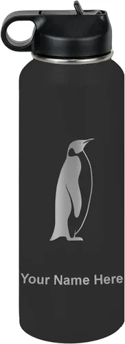 Miniatura 20 de LaserGram Botella de agua personalizada, pingüino, acero inoxidable de doble pared aislada al vacío con popote superior, regalo grabado