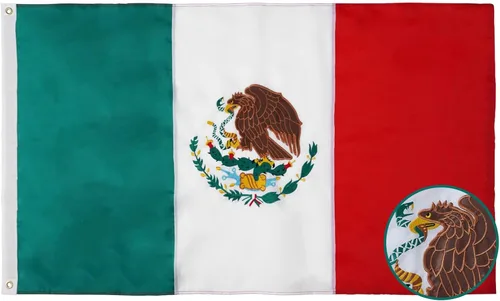 FLAGWIN Bandera mexicana de 3 x 5 pies, bandera mexicana bordada resistente con 2 ojales de latón y rayas cosidas de doble costura, bandera de