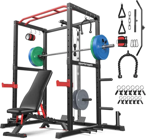 Miniatura 10 de Sportsroyals Jaula de Potencia, Rack de Potencia Multifuncional de 1600 libras con Sistema de Cruce de Cable Ajustable y Más Accesorios de Azul