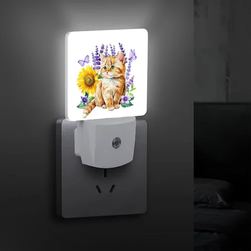 Miniatura 5 de Lindas flores de gatito y lavanda, mariposas de girasol con enchufe floral con sensor automático de atardecer a amanecer, luces nocturnas cálidas