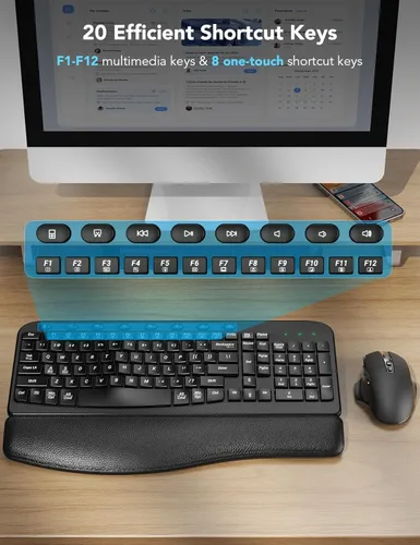 Miniatura 8 de Combo de teclado y mouse inalámbricos – Tecla de onda ergonómica, reposa muñecas de cuero suave incorporado, 2.4G de tamaño completo, 8 teclas