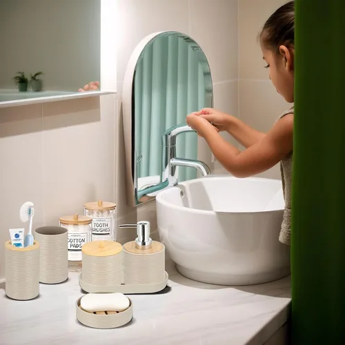 Miniatura 4 de IMAVO Juego de accesorios de baño - Juego de 11 piezas de accesorios de baño beige con cubo de basura, dispensador de jabón, jabonera, soporte