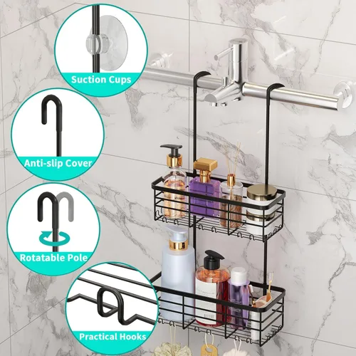 Miniatura 2 de HapiRm Organizador de ducha colgante - Organizador de ducha sin perforaciones con ganchos, estantes de baño de acero inoxidable 304 a prueba de Negro
