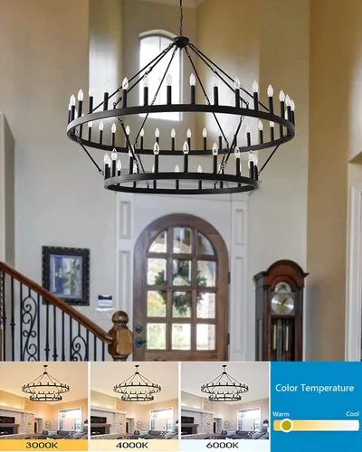 Miniatura 4 de Candelabro grande de 60 pulgadas de rueda de vagón negro, lámpara colgante redonda de 54 luces de 2 niveles estilo industrial de granja para porche