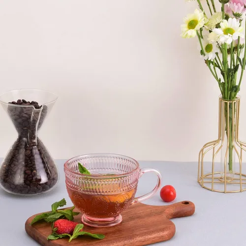 Miniatura 6 de Tazas de café de vidrio vintage con asa, tazas de vidrio en relieve rosa de 14 onzas para capuchino, latte, cereales, yogur, té, leche (4)