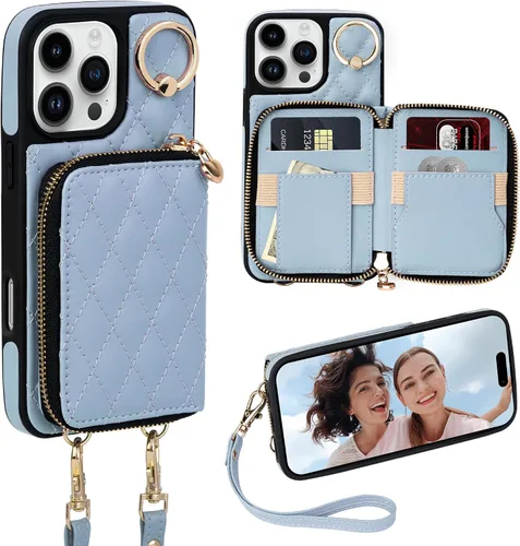 Miniatura 8 de Funda tipo cartera para iPhone 15 de 6.1 pulgadas, bolso cruzado con cremallera y correa para la muñeca con cordón para mujer, tarjetero con bloqueo