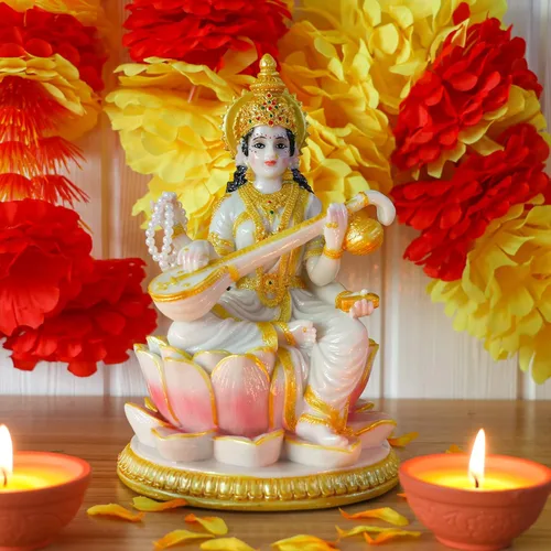 Miniatura 4 de alikiki Estatua de Saraswati de la diosa hindú grande, 8.7 pulgadas de alto, aspecto de mármol, ídolo indio Saraswati, escultura india Diwali Murti