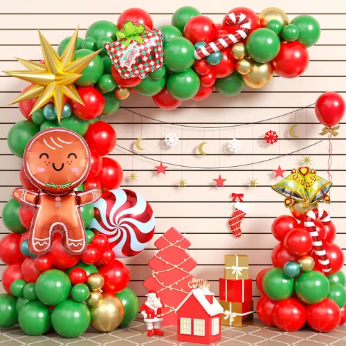 Miniatura 14 de Kit de Guirnalda de Globos de Navidad, 108 Piezas Globos Retro Verde Oscuro Rojo Oro Arco con Globos 4D, Globos de Caramelo en Forma de Bastón
