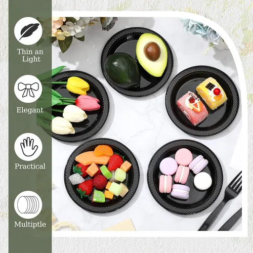 Miniatura 5 de Hushee 600 platos de postre de plástico negro de 6 pulgadas con tenedores de 7 pulgadas para aperitivo de pastel, 300 platos pequeños desechables