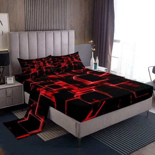 Miniatura 16 de Erosebridal Juego de sábanas de cama negro y rojo, juego de sábanas de tamaño individual abstracto moderno, sábanas a cuadros brillantes 3D, juego
